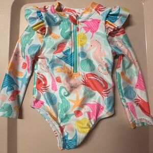 Girls Long Sleeve One-Piece Swimsuit with Colorful Sea Creatures